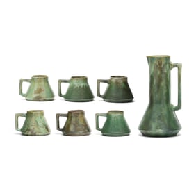 A Fulper Art Pottery Pitcher and Six Mugs
