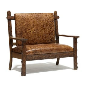 Faux Bois Carved Oak and Leather Upholstered Bench