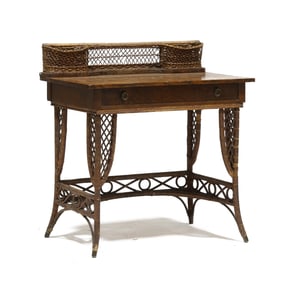 Transitional Mission Oak and Wicker Writing Table