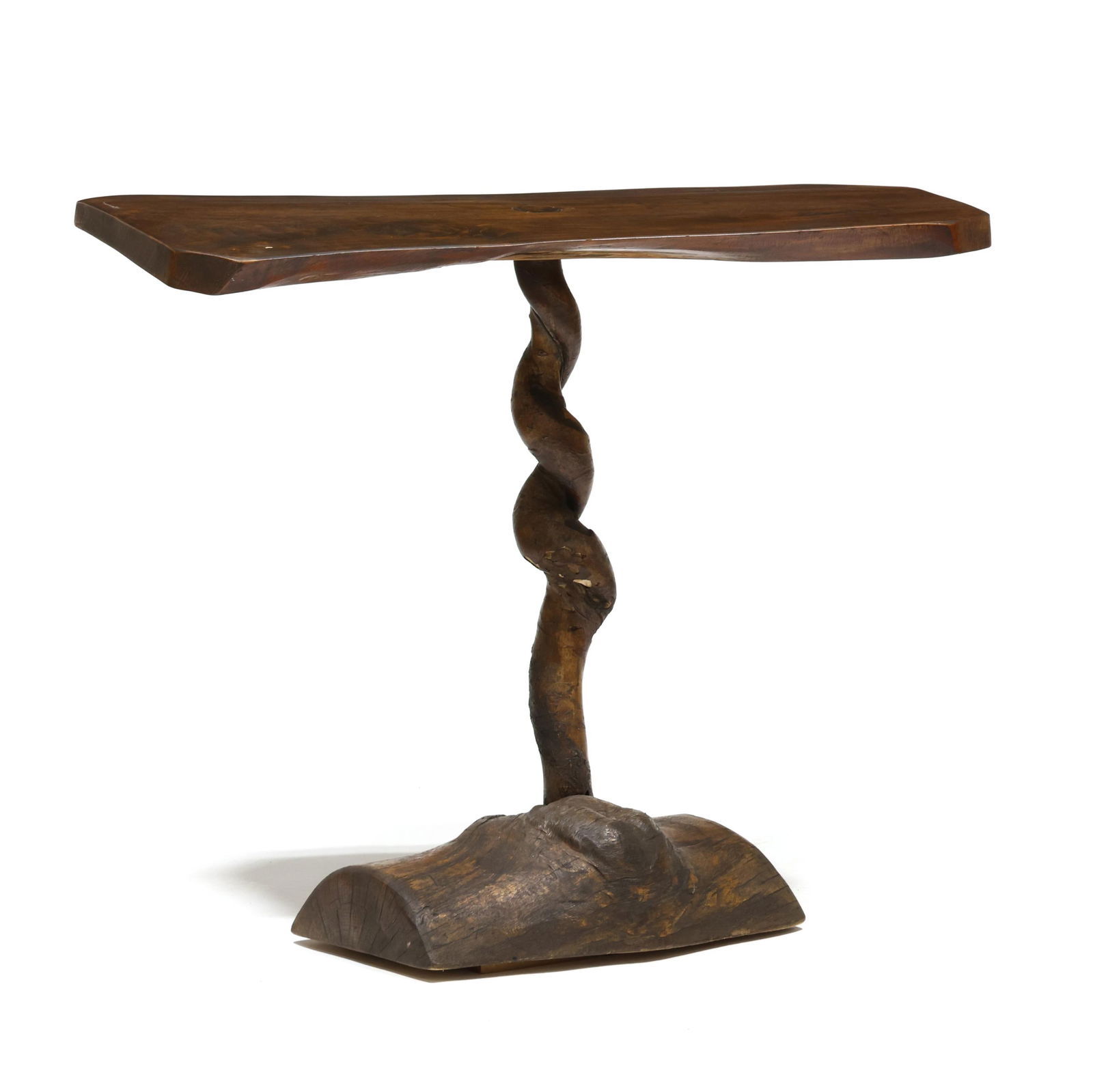 Folk Art Root-Wood Console Table: Folk Art Root-Wood Console Tablecherry top signed to the underside "R.W. Reinhold 1880," single natural spiral twist support on a log form base. 32 x 38 x 17 in. Additional high-resolution photos are