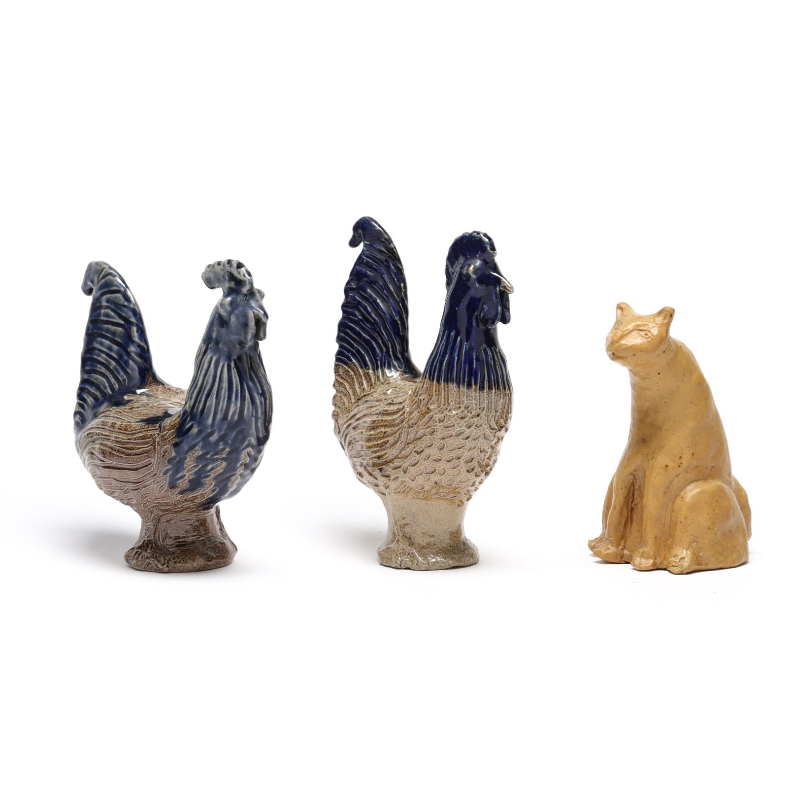 Charles Moore (Randolph / Moore County, NC, 1935-2007), Three Folk Pottery Animals: Charles Moore (Randolph / Moore County, NC, 1935-2007), Three Folk Pottery Animalsglazed ceramic, to include (2) chickens, the heads and tails with applied cobalt glaze, dated 1997 (the taller 8 1/4 i