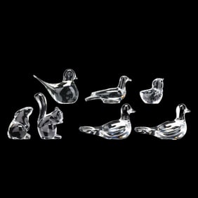 Six Baccarat Crystal Animals and One Murano Bird
