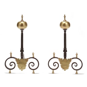 Pair of Continental Brass and Iron Andirons
