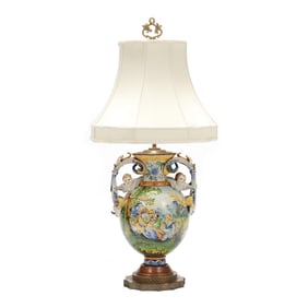 Large Majolica Dual Handled Vase Table Lamp with Shade
