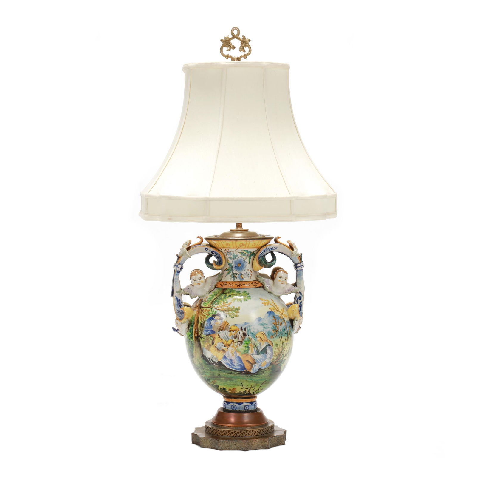 Large Majolica Dual Handled Vase Table Lamp with Shade: Large Majolica Dual Handled Vase Table Lamp with Shadefirst-half-20th century, likely Italian, tin glazed earthenware dual handled vase with hand-painted vignettes featuring figures among rural landsc