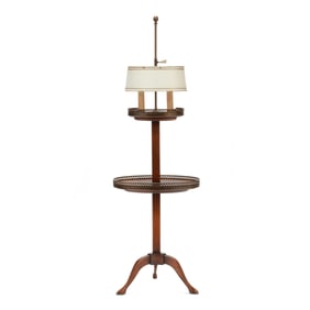 Cassard Romano Co., Two Tiered French Style Wood and Brass Floor Lamp with Tole Shade