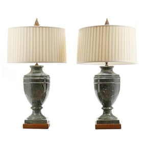 Pair of Solid Green Marble Urn Table Lamps with Shades