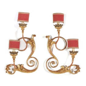 A Pair of Gilt Rococo Style Sconces with Shades