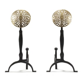 Virginia Metalcrafters, Pair of Dutch Style Brass and Iron Andirons