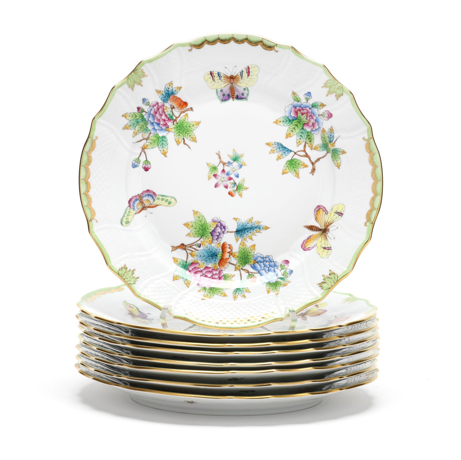 Herend, Eight Queen Victoria Green Border Porcelain Dinner Plates: Herend, Eight Queen Victoria Green Border Porcelain Dinner PlatesHungary, hand-painted and gilt porcelain, (8) dinner plates #1524 (10 1/4 in.), all marked with company backstamp to underside. Private