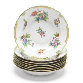 Herend, Eight  Queen Victoria  Green Border Porcelain Large Rim Soup Bowls