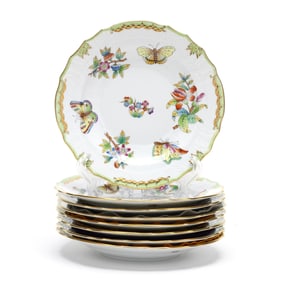 Herend, Eight  Queen Victoria  Green Border Porcelain Salad Plates