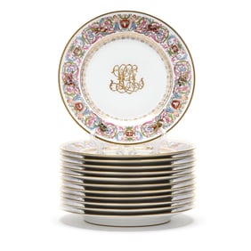 Set of Twelve Monogrammed Sevres Style 'Chateau St. Cloud' Plates