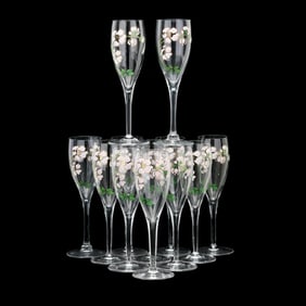 Set of Twelve Perrier Jouët Enameled Art Nouveau Style Flutes