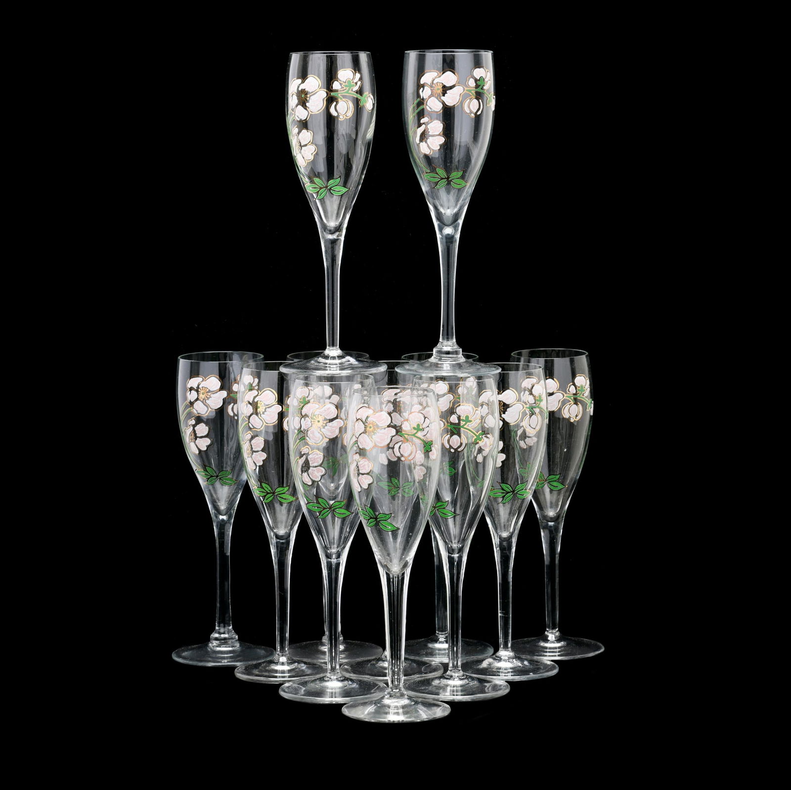 Set of Twelve Perrier Jouët Enameled Art Nouveau Style Flutes: Set of Twelve Perrier Jouët Enameled Art Nouveau Style Flutesmid-20th-century production with enameled floral and gilt highlights, unmarked. 7.5 in. Additional high-resolution photos are available a