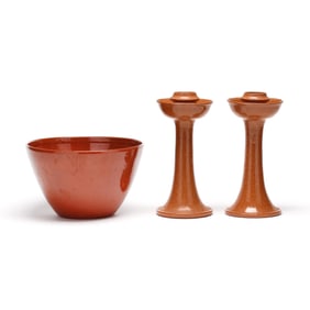 Jugtown Pottery (Seagrove, NC), Three Orange Lead Glaze Pottery Forms