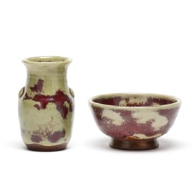 Ben Owen Pottery (Seagrove, NC), Two Green and Aubergine Glazed Vessels