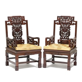 Pair of Chinese Carved Hardwood Armchairs