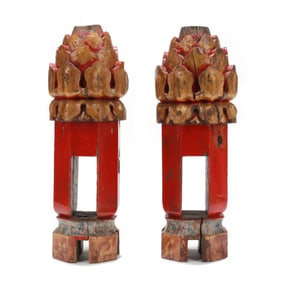 A Pair of Large Chinese Carved and Painted Wood Architectural Finials