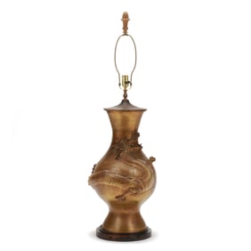 A Large Japanese Brass Dragon Relief Vase Table Lamp