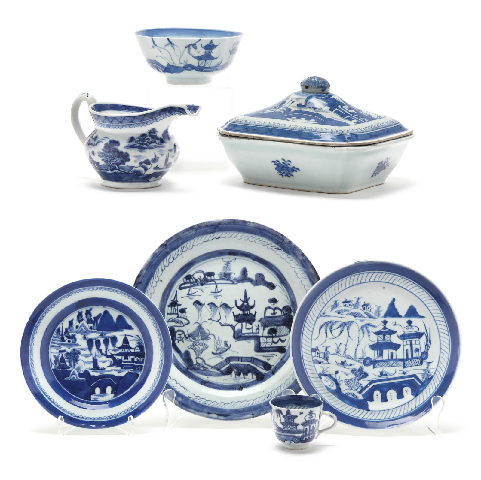 A Large Group of Chinese Export Blue and White Canton Porcelain Dinnerware: A Large Group of Chinese Export Blue and White Canton Porcelain Dinnerware19th century, twenty-one (21) pieces to include: one (1) dinner plate (10 1/8 in.); six (6) salad plates (all approximately 8