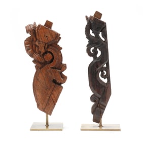 Two Asian Carved Wood Architectural Elements on Brass Stands