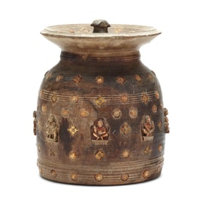 A Tibetan Inlaid Wood Prayer Jar