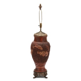 A Large Japanese Dragon Relief Redware Vase Table Lamp