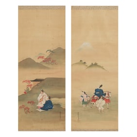 Tosa School, A Pair of Japanese Scroll Paintings Framed