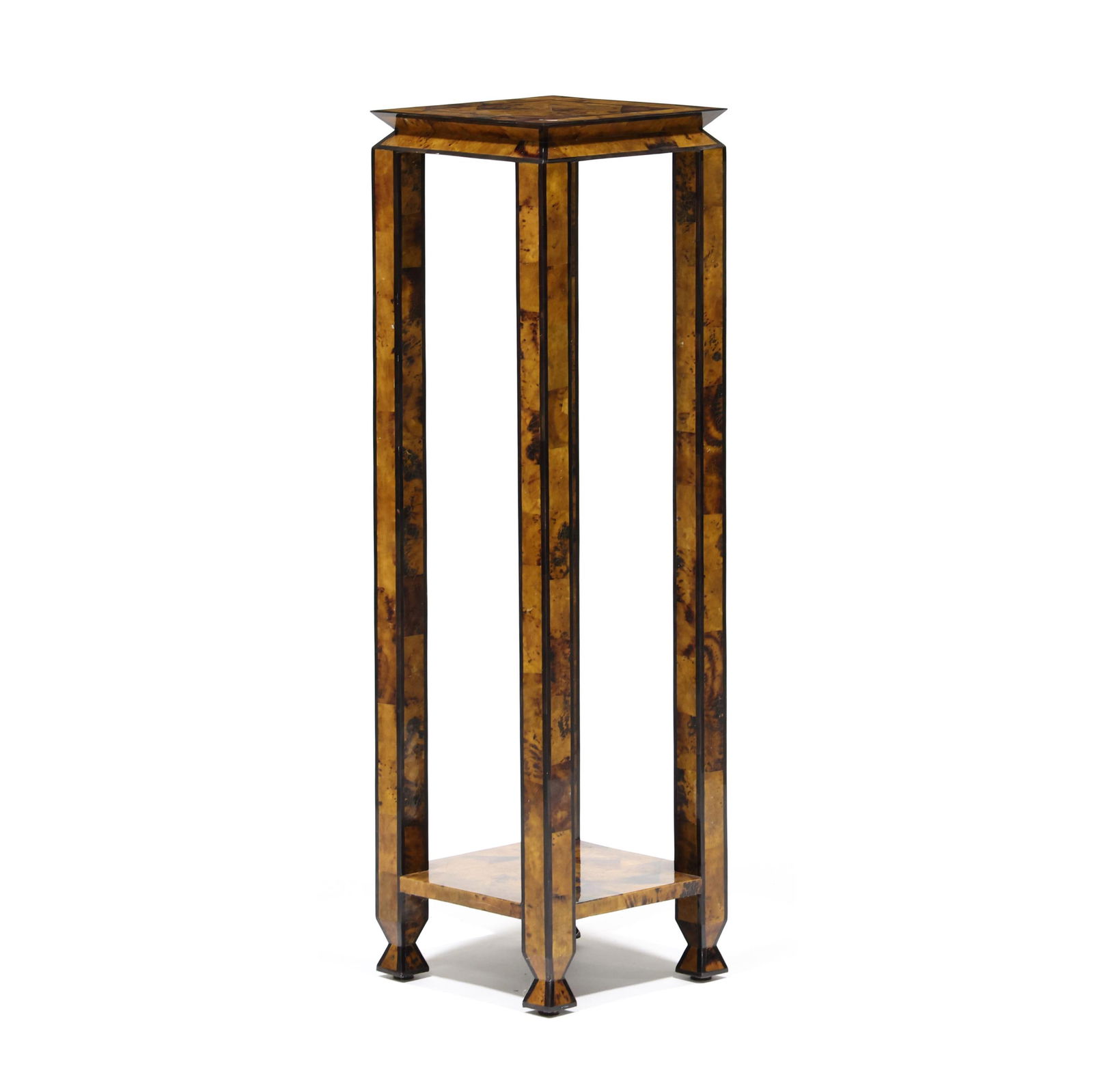 Faux Tortoiseshell Pedestal: Faux shell Pedestalcontemporary, likely a Maitland Smith production, top and legs with banded inlays, unmarked. 42.5 x 12.25 x 12.25 in. Additional high-resolution photos are available at www.lelandl