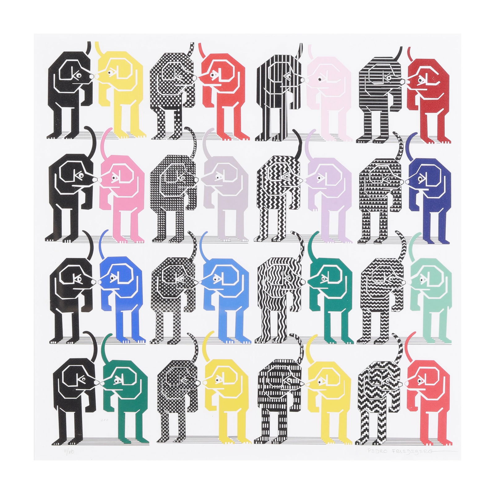 Pedro Friedeberg (Mexican, b. 1936), Perros: Pedro Friedeberg (Mexican, b. 1936), Perrosprint in colors in custom Pedro Friedeberg ebonized and gilt-decorated wood frame, artist signed and numbered 11/80 lower margin. Frame dimensions 31 x 31 in