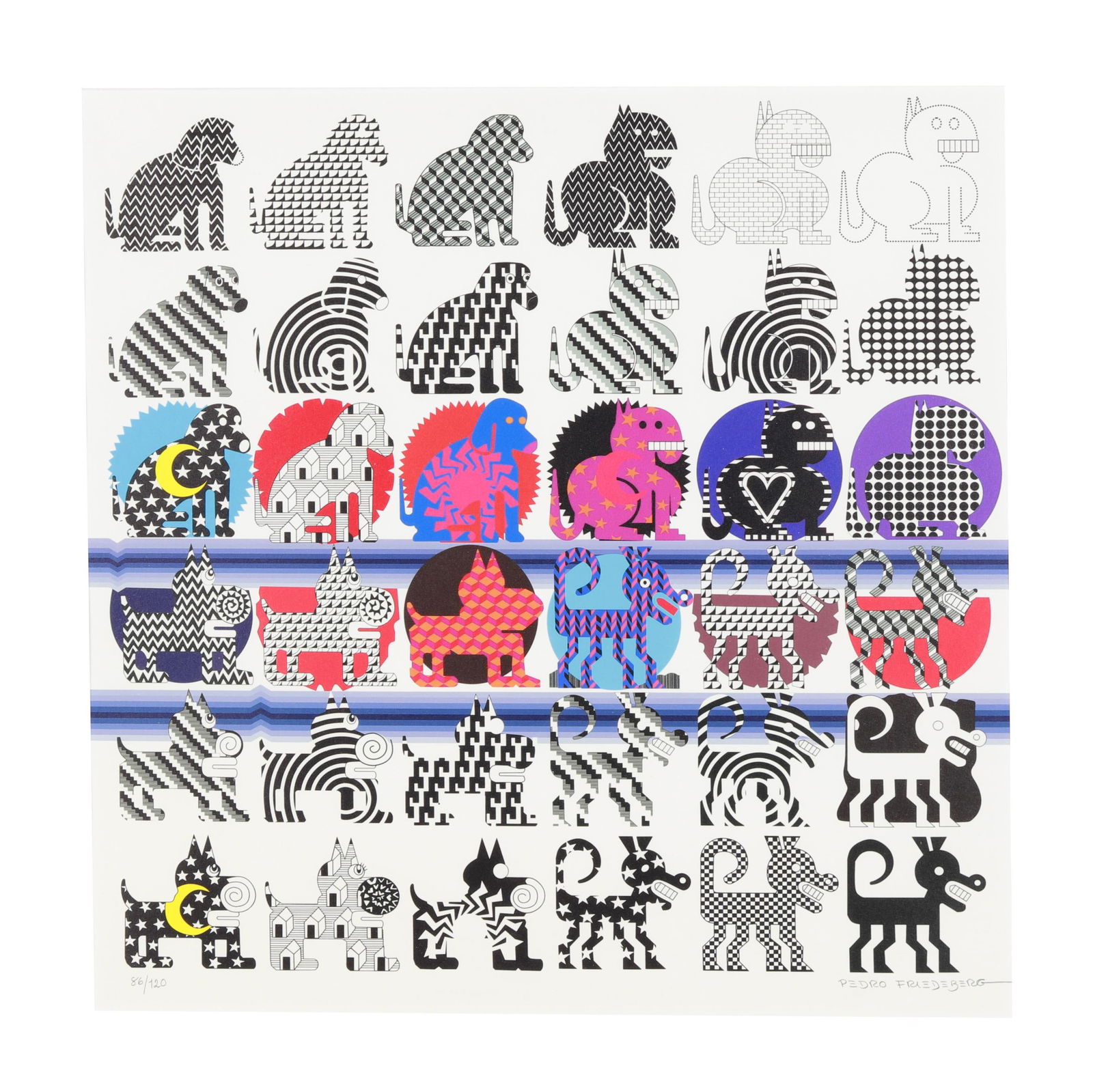 Pedro Friedeberg (Mexican, b. 1936), 36 Perritos, Catálogo Canino: Pedro Friedeberg (Mexican, b. 1936), 36 Perritos, Catálogo Caninoprint in colors in custom Pedro Friedeberg ebonized and gilt-decorated wood frame, artist signed and numbered 86/120 lower margin. Fra