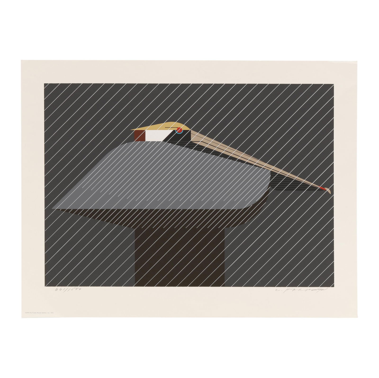 Charley Harper (American, 1922-2007), Pelican in a Downpour: Charley Harper (American, 1922-2007), Pelican in a Downpourserigraph in colors, 1972, pencil signed and numbered 661/1500 to lower margin, unframed, retaining Frame House Gallery sleeve and paperwork.
