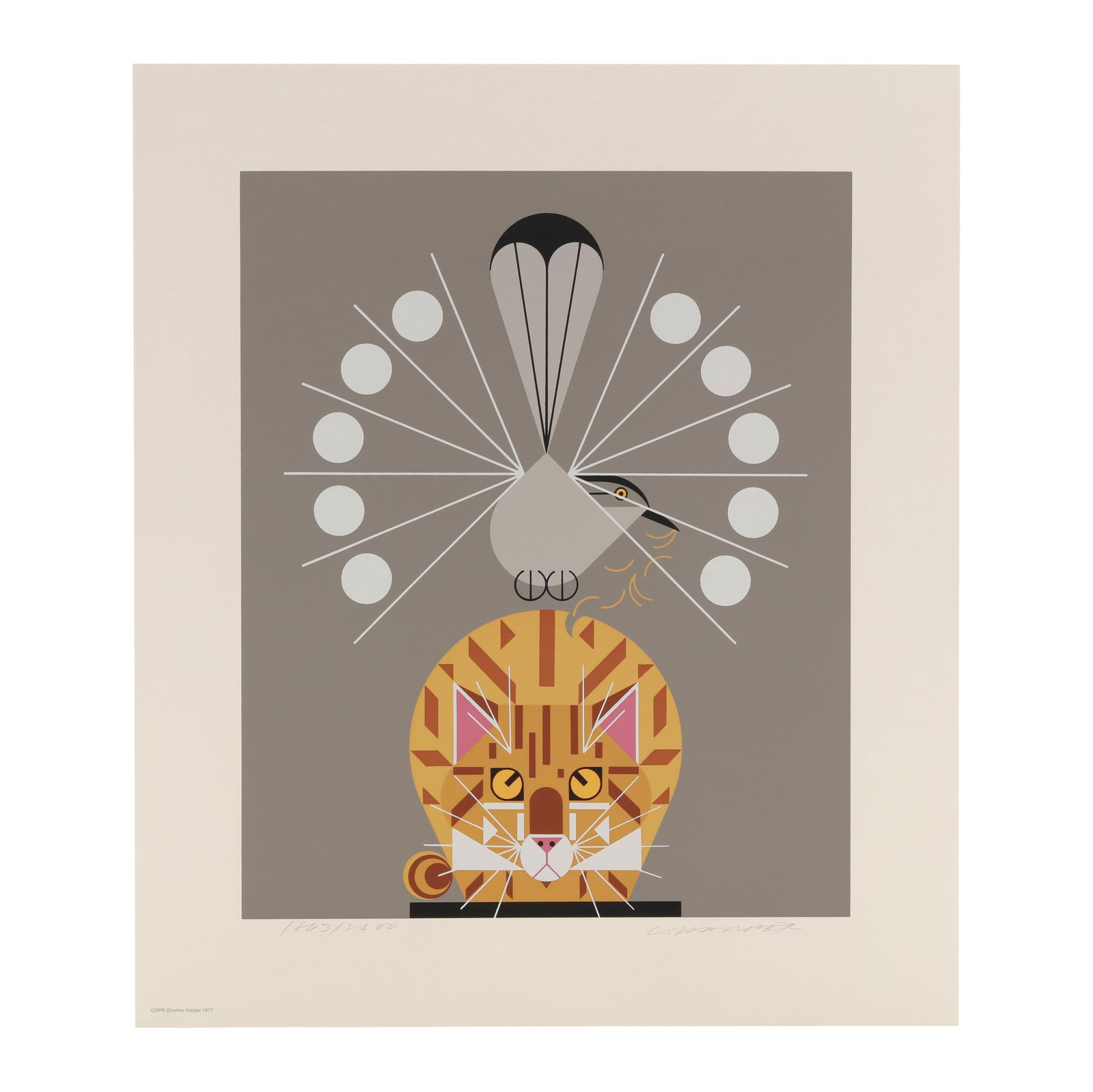 Charley Harper (American, 1922-2007), Catnip: Charley Harper (American, 1922-2007), Catnipserigraph in colors, 1977, pencil signed and numbered 1863/2500 to the lower margin, unframed, retaining Frame House Gallery sleeve and paperwork. Sheet siz