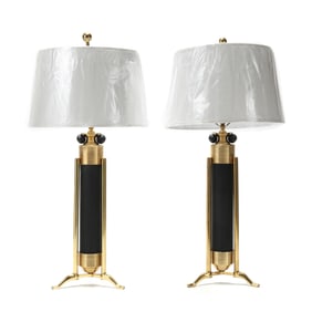 Pair of Machine Age Style Brass and Metal Tripod Table Lamps