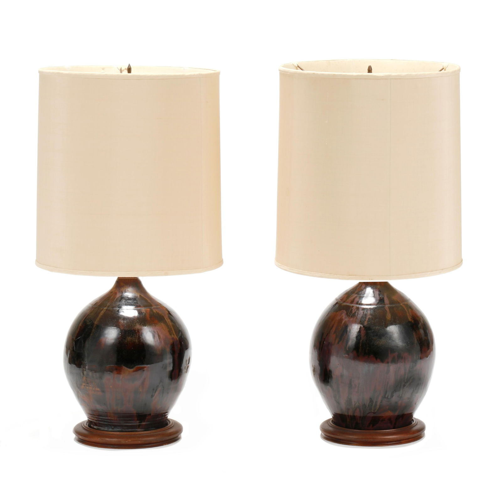 Pair of Brown Metallic Glazed Pottery Table Lamps with Shades (1 of 8)