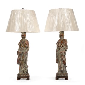 Pair of Frederick Cooper Ceramic Guanyin Table Lamps with Shades