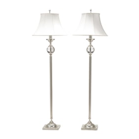Pair of Restoration Hardware Chrome and Lucite Floor Lamps with Shades