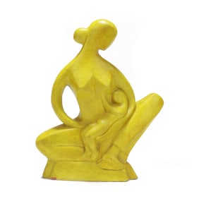 Modernist Yellow Glazed Terracotta Sculpture of Mother and Child