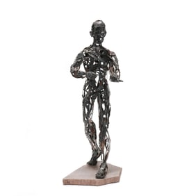 Brutalist Figural Metal Sculpture on Stone Stand