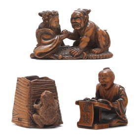 A Group of Three Japanese Carved Boxwood Netsuke