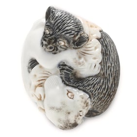 A Japanese Porcelain Netsuke of Puppies Playing
