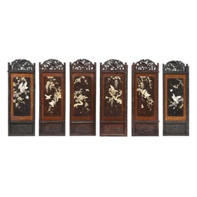 A Six Panel Japanese Carved Hardwood Screen with Inlay