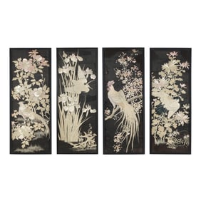 A Set of Four Japanese Embroidered Panels of Birds and Flowers