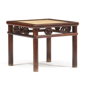 A Chinese Cane Top Double Coin Motif Stool