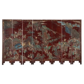 A Very Fine Chinese Eight Panel Painted Lacquer Screen
