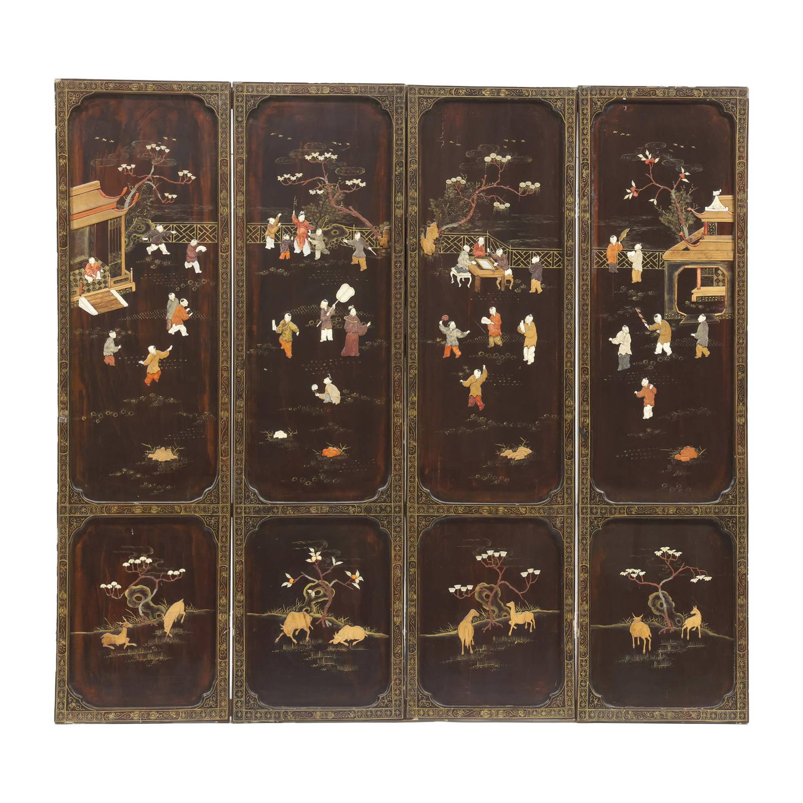 A Chinese Four Panel Painted Screen with Inlay