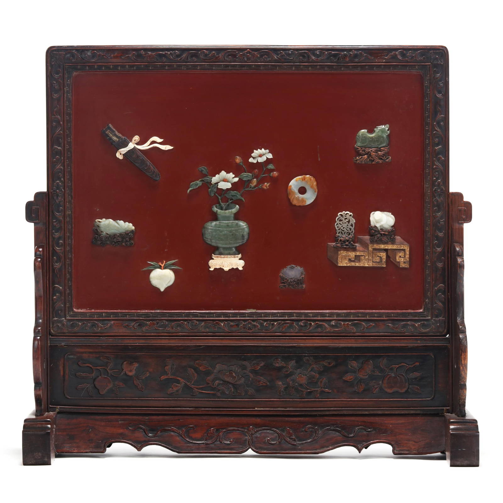 A Chinese Lacquer Panel with Inlay and Painting in Rosewood Frame Screen