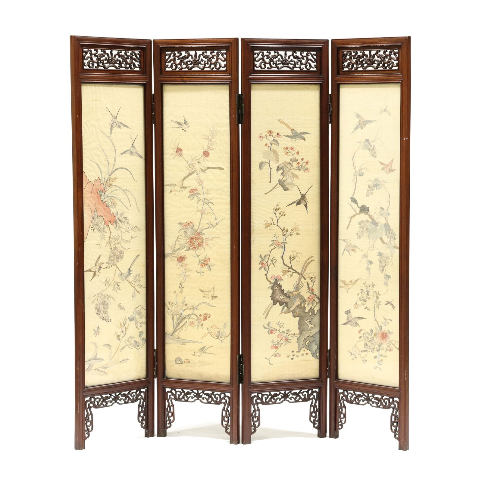 A Chinese Four Panel Harwood Framed Kesi Embroidered Floor Screen (1 of 14)