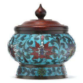 A Chinese Cloisonne Censer with Wooden Cover